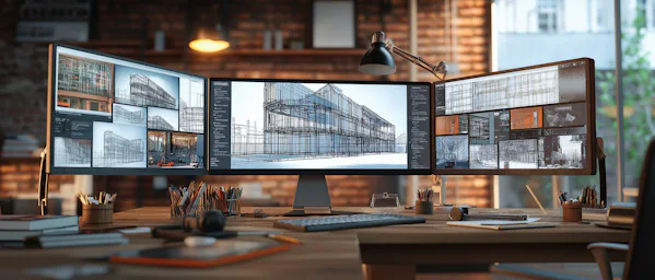 Comprehensive Support: Your Success Is Our Priority Architect's Desk with Three Computer Screens