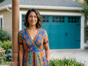 Add Some Color to Your Life! Woman in front of teal carriage style garage door