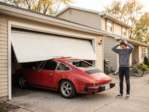 Improper garage door work can create risks beyond the cost... an improperly installed garage door smashes onto a porsche
