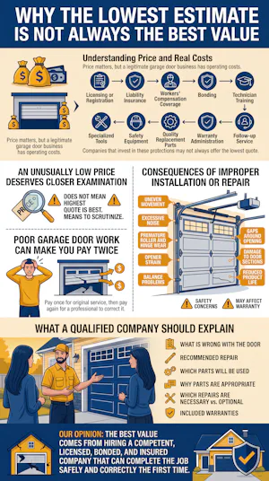 Price matters, and homeowners should understand exactly what... an infographic explaining why the lowest garage door service estimate is not always the best value