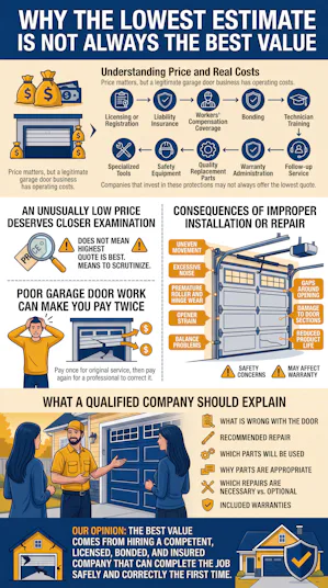 Price matters, and homeowners should understand exactly what... an infographic explaining why the lowest garage door service estimate is not always the best value